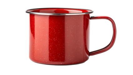 Classic speckled deep red enamel camping mug with silver rim perfect for outdoor adventure beverage service on transparent background