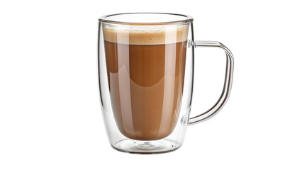 Clear double walled glass mug filled with rich brown coffee topped with a light layer of foam for beverage advertising on transparent background