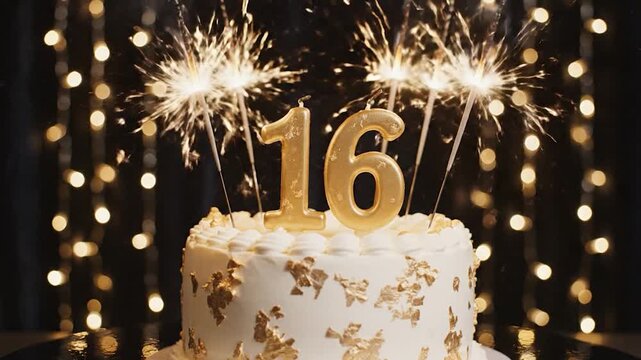 Golden "16" cake with sparklers, surrounded by festive bokeh lights