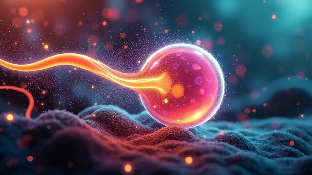 Fertilization sperm egg cell glowing macro science biology reproduction vibrant medical closeup concept microscopic life health human anatomy genetic