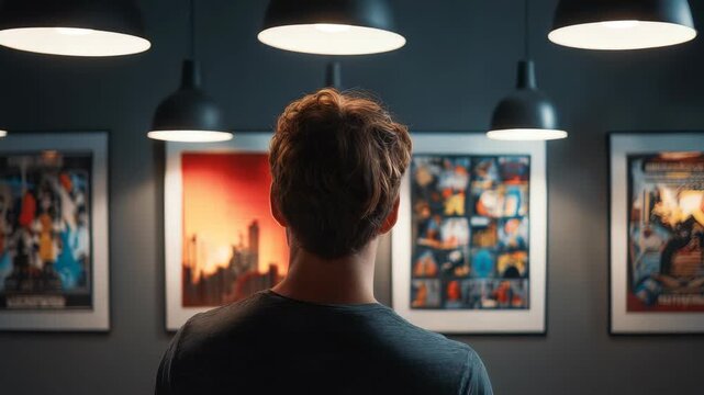 The viewer is immersed in a contemporary exhibition space, appreciating vibrant paintings on the wall under soft lighting. This scene captures the essence of modern art appreciation