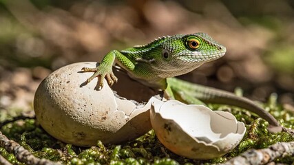 Green Lizard Hatching from Eggshell on Ground.