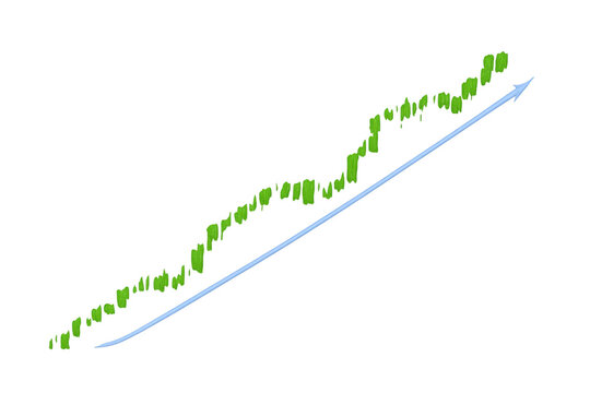 Financial candlestick chart showing an upward trend of data points and a blue arrow on transparent background - Powered by Adobe