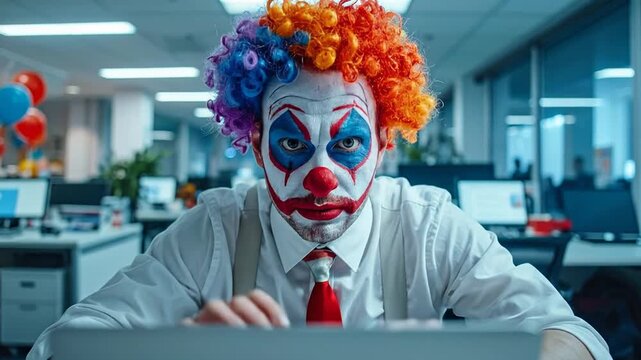 A vibrant, costumed individual with a painted face and colorful wig intently works on a laptop at an office desk, creating a striking contrast between playful attire and a professional environment