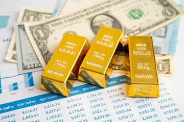 Gold bars with US dollar and Euro banknote money, finance trading investment business currency.