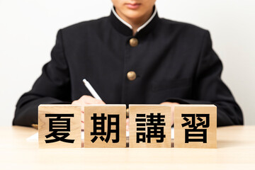 「夏期講習」と書かれたブロックと男子学生