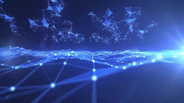 Abstract Digital Network With Glowing Blue Connections And Particles Floating In Dark Space With Bright Light Flare On The Right