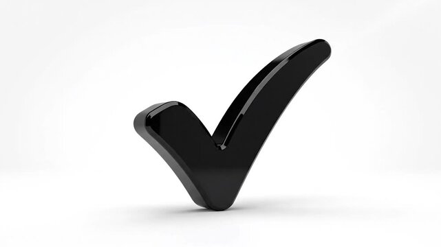 Glossy black 3D checkmark with bright reflections standing on a clean white surface