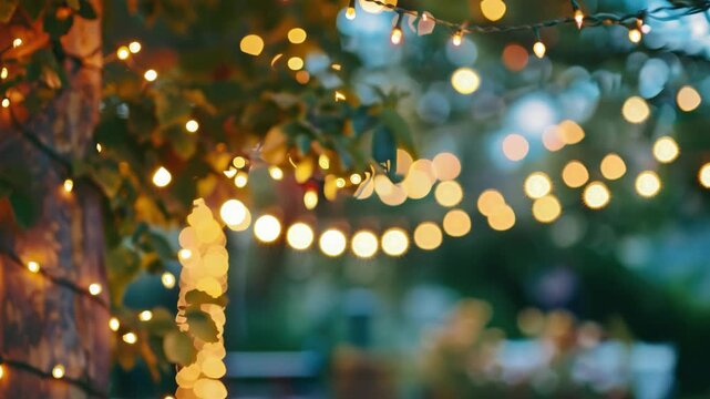 String of twinkling lights strung between wooden beams against the backdrop of a garden at dusk.