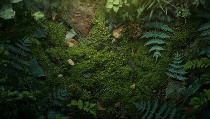 Close up of vibrant green moss and ferns with detailed textures suitable for nature and environmental concepts