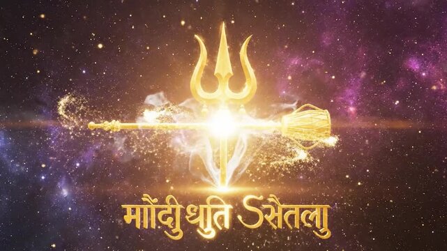 Golden trident and drum against a starry cosmic background