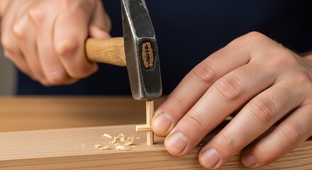 Detailed view of a carpenter using hammer to insert a wooden dowel