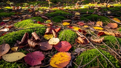Vibrant autumn leaves and green moss carpet the sunlit forest floor, showcasing the beauty of fall.