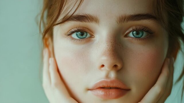 A young female with striking blue eyes and subtle freckles, resting her hand on her chin as she gazes downward. The is shot in soft natural light, creating a serene and thoughtful mood.