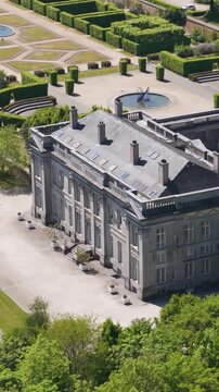 ch&acirc;teau seneffe main building several visitors walking nearby presence water ponds fountains adds to from left right circles aerial of de belgium 