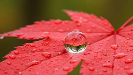 A single water droplet rests on a vibrant red maple leaf, showcasing intricate reflections.