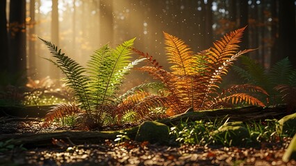 Sunlit Forest Ferns Glowing in Golden Rays on the Woodland Floor