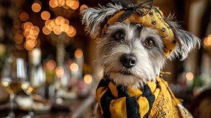 Whimsical dog dressed as a bumblebee with wine, inviting ambiance with blurred lights. High quality