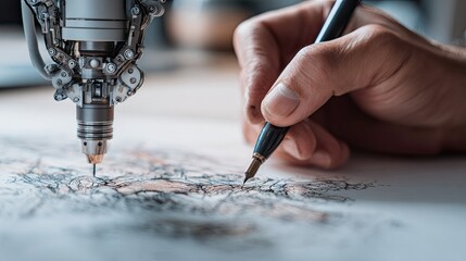 A robotic hand draws intricate patterns on paper while a human hand guides the pen, blending technology and artistry in a creative process.
