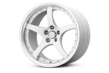 White alloy car wheel rim featuring a five-spoke design and custom hardware, automotive part on transparent background