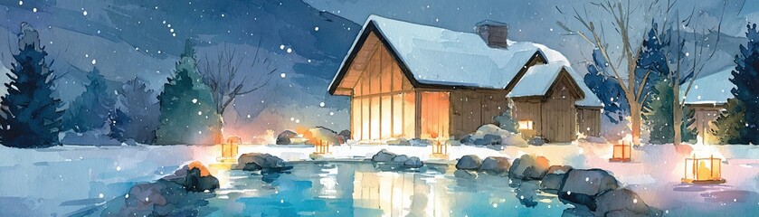 A serene winter scene featuring a cozy cabin surrounded by snow, trees, and glowing lanterns reflecting on a tranquil pond.