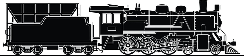 Steam locomotive train silhouette, vintage railway engine with tender, black vector illustration for transportation history, industrial design, retro travel, engineering concept © Samol