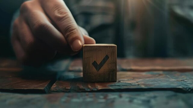 Determination and decision-making symbolized by hand grasping a marked wooden die