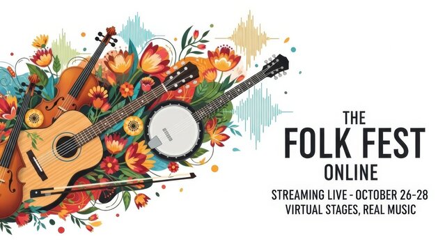 Folk Fest Online graphic - musical instruments, vibrant flowers, virtual stages, real music. - Powered by Adobe