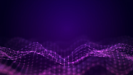 Abstract 3D Purple Wave of Connected Dots and Lines on Dark Background, Futuristic Big Data Technology Concept. 3D Rendering