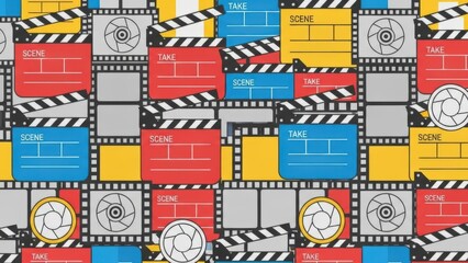 Colorful seamless pattern of film clapperboards, reels, and strips for cinema background.