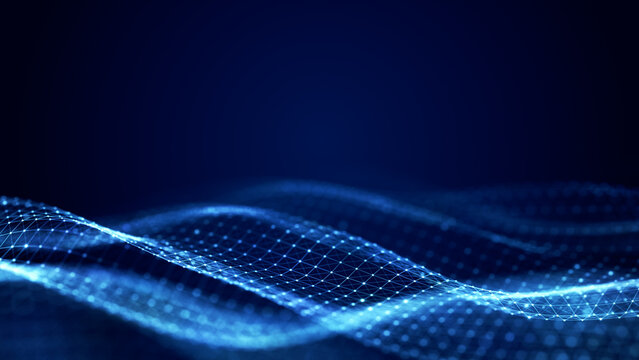 Blue glowing mesh wave with dots and lines on a dark background, representing futuristic digital technology and data flow. 3D Rendering - Powered by Adobe