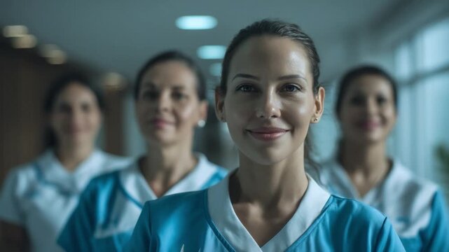 Nurses in Hospital: A dedicated team of nurses, united in purpose, stands with unwavering commitment in a hospital corridor, symbolizing care and compassion.