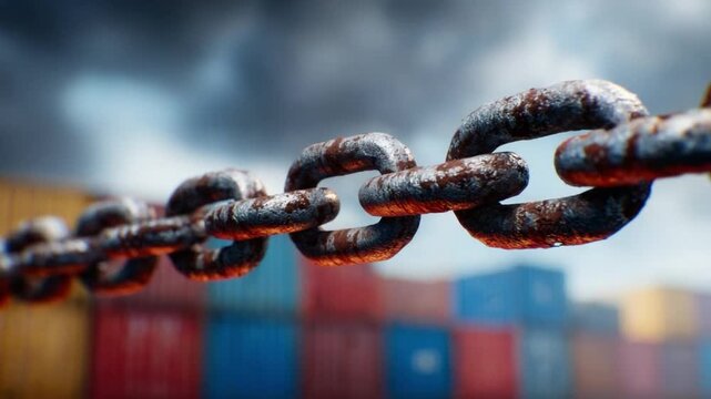 Interlocking Chains: Close-up of weathered, rusty links of a robust chain, symbolizing strength and interconnectedness against a blurred backdrop of cargo containers under a dramatic sky.