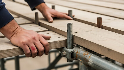 Construction worker's hands placing wooden planks on scaffolding, building temporary platform