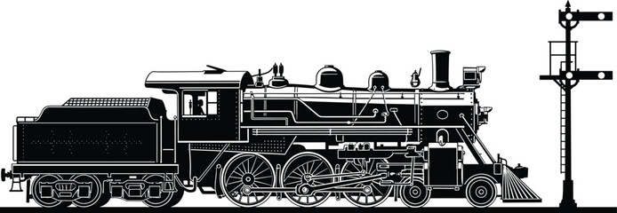 Vintage steam locomotive with railway signal silhouette, classic railroad engine side view, detailed black and white vector illustration for transportation history, retro train design © Samol