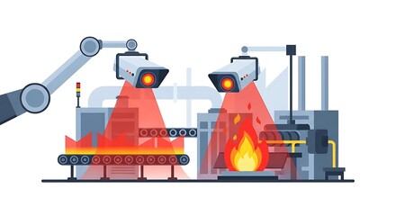 Industrial Factory Scene with Robotic Arms and Fiery Conveyor Belt.