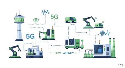 Illustration of 5G technology enabling low latency connections in industrial manufacturing.