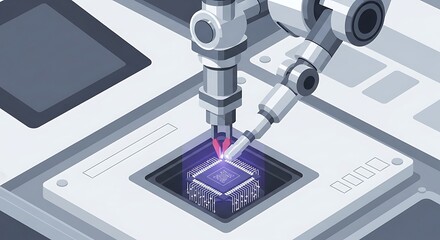 Robotic Arm Precisely Assembling Microchip in Futuristic Industrial Lab.