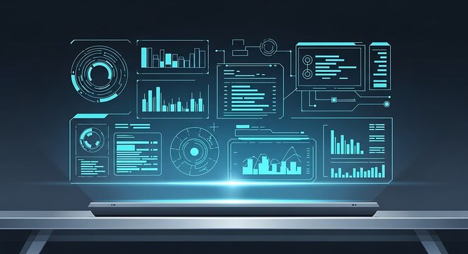 Futuristic Holographic Digital Interface with Graphs Charts and Code Displays. - Powered by Adobe