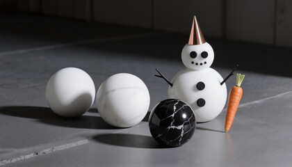 Playful snowman toy with colorful balls and carrot on gray background  