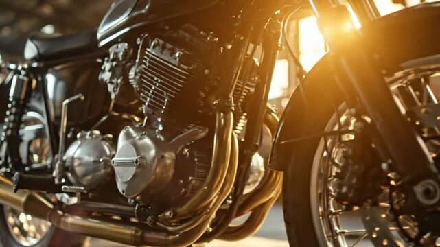 Gleaming Retro Motorcycle Engine Bathed in Golden Sunlight, Showcasing Intricate Metallic Details and Powerful Vintage Engineering for a Classic Ride