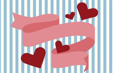 水色ストライプ背景　ピンクのくるくるリボンとハートのイラスト
