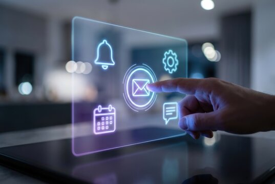 Woman hand touching digital email icon on virtual screen. Global communication network and business technology concept for messaging application. - Powered by Adobe