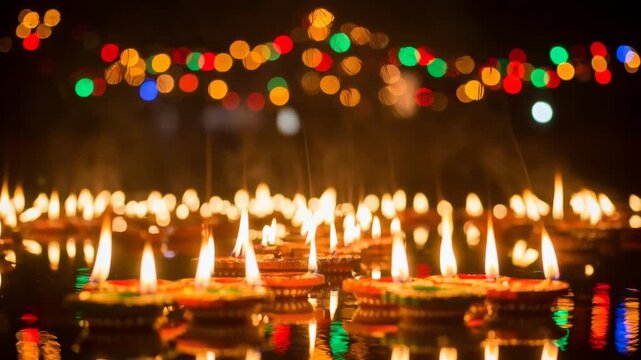Festive diyas floating with colorful bokeh lights. Rangoli decorated oil lamps for Diwali celebration. Traditional Indian holiday ritual. - Powered by Adobe