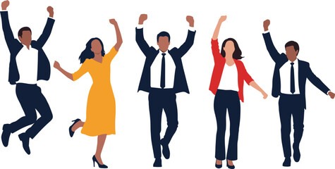 Fototapeta premium Business team celebration, corporate success, professional attire, teamwork, office joy, jumping people, motivation, achievement, suits, dress, blazer, excitement