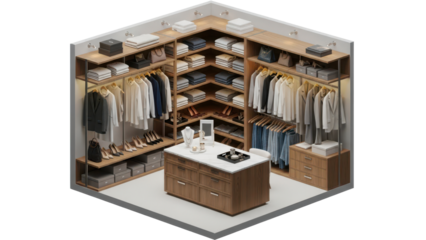 Isometric cutaway view of a stylishly organized walk in closet with shelves and clothing racks isolated on white background