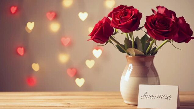 Romantic Red Roses with Anonymous Card and Heart Bokeh Lights