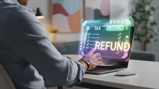 Man using futuristic holographic interface for tax refund calculation.