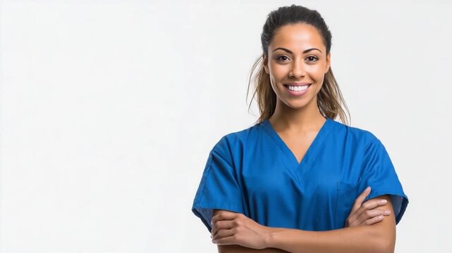 Smiling medical professional: Portrait of a radiant healthcare provider, standing with arms crossed, exuding warmth and confidence, a picture of care and compassion.