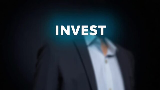 Strategic Investment: An ambiguous depiction of investment, the word INVEST glows prominently above a professional figure, inviting the viewer to contemplate financial strategies.